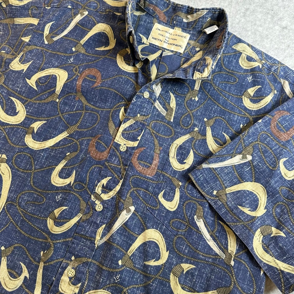 Reyn Spooner Dietrich Varez Fish Hook Blue Hawaiian Button Down Shirt Mens M